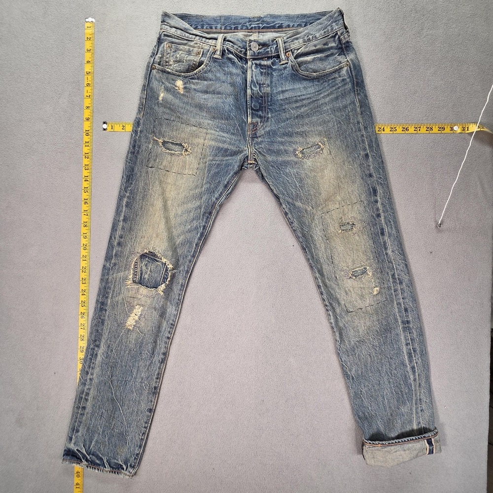 Levis 501 Jeans Mens Selvedge Med Wash Tapered Button Fly Thrashed Fits‎ 30x30